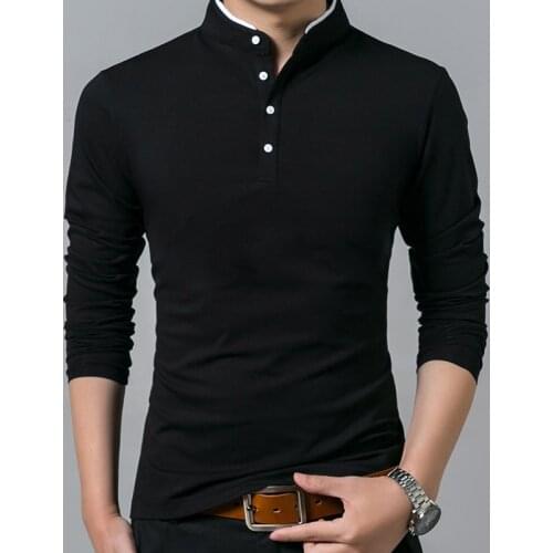 T-Shirt Men Cotton T Shirt Full Sleeve tshirt Men Solid Color T-shirts tops&tees Mandarin Collar Long Shirt