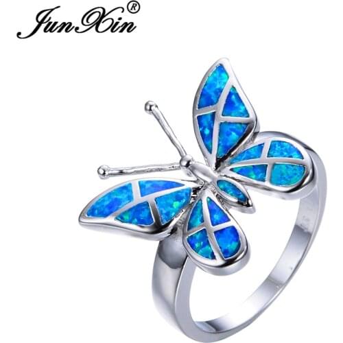 JUNXIN Female Butterfly Ring Fashion Blue Fire Opal Ring Silver Color Jewelry Vintage Wedding Rings For Women
