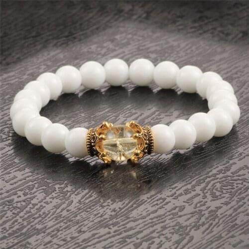 Classic Men Women Bracelet White Smooth Natural Stone Beads King Crown Distance Bracelets Bangles Friends Jewelry Gifts Pulseira