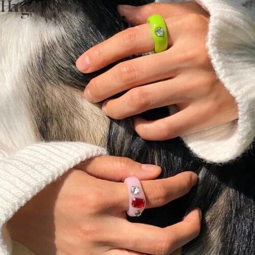 HangZhi 2020 New Korean Artistic Irregular Geometric Colorful Transparent Crystal Rhinestones Acrylic Ring for Women Jewelry