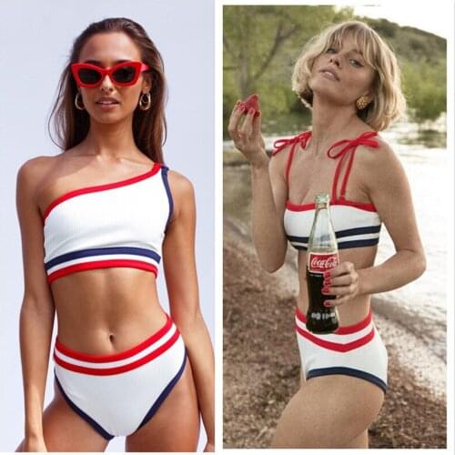 Sexy One Shoulder Patchwork High Waist Bikini Set Bandeau Swimsuit Tube Ribbed High Cut Brazilian Bather Bathing Suit Swim Wear