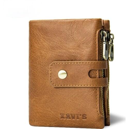 Leather mens wallet European and American fashion double zipper large capacity mens short detachable leather wallet
