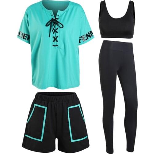 Summer Fitness Women Yoga 4 in 1 Set Black Sport Bra & Sport Shorts & Colors T-shirts Gym Clothes Sportswear Outdoor Jogging