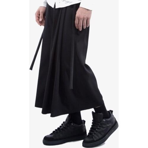 Black raw edge wide-leg cropped trousers mens pile pleated loose national tide street Yamamoto wind wide-leg pants skirt