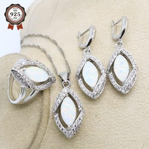 Silver Jewelry sets For Women Classic 925 Sterling Silver White Opal Ring Earrings Pendant Set Fashion Jewelry