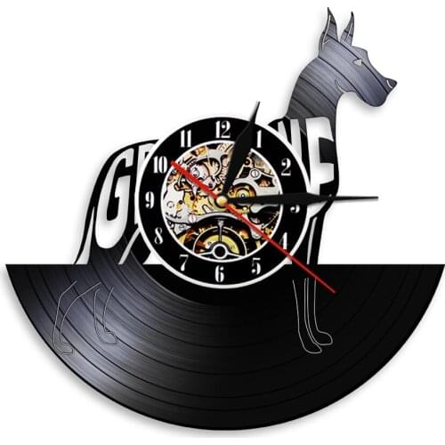 GREAT OANE Dog Silhouette Animal Wall Art Decor Shabby Vinyl Record 3D Wall Clock Watches Modern Design Living Room Decoration
