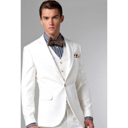 New Arrival Groom Tuxedo Ivory Groomsmen Peak Lapel Wedding/Dinner Suits Best Man Bridegroom (Jacket+Pants+Tie+Vest)B304