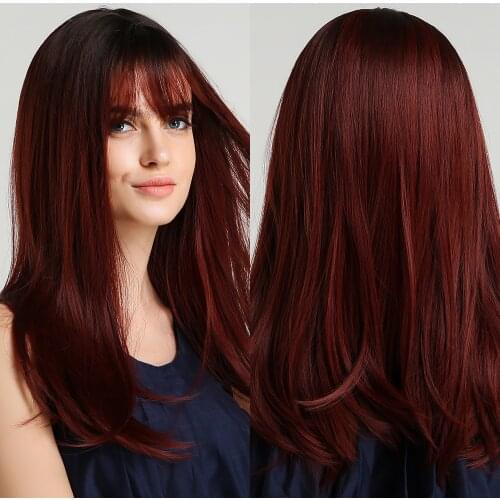 Ombre Deep Red Brown Dark Root Synthetic Wigs with Bangs Middle Long Straight Wigs for Women Cosplay Daily Party Heat Resistant