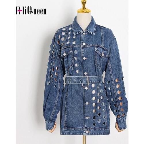 Sexy Hollow Out Women Loose Denim Jackets Female Vintage Long Sleeve Sashes Hole Jeans Jacket Casual Streetwear Coat Outwear
