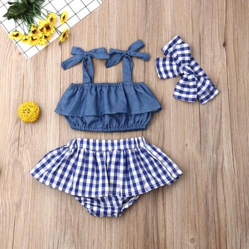 Pudcoco Baby Girls Clothes Sling Denim Camis Crop Tops+Plaid Shorts +Headband 3pcs Toddler Kids Fashion Summer Outfits 1-3Y