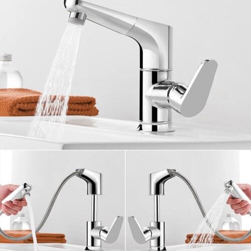 LIUYUE Basin Faucets Chrome Brass Bathroom Pull Out Lift Type Basin Mixer Faucet 360 Degree Rotate Two Water Exit Modes Sink Tap