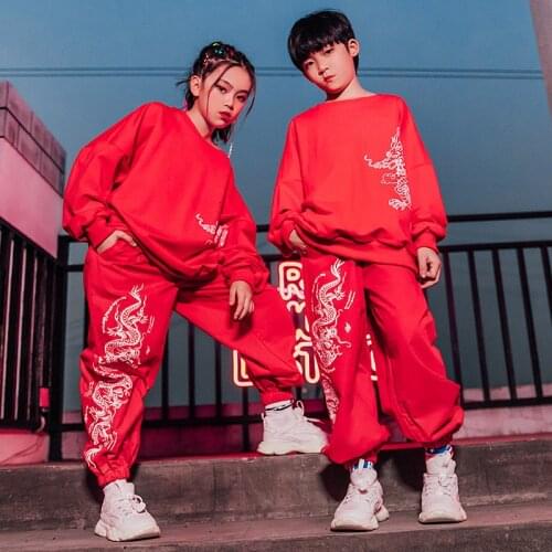 Hip Hop Dance Costumes Kids Long Sleeve Outfit Girls Red Tops Pants New Year Performance Clothing Ballroom Dancing Wear BL5460