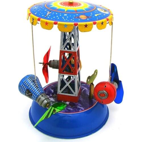 [Funny] Adult Collection Retro Wind up toy Metal Tin amusement park space capsule carrousel Clockwork toy model vintage toy gift