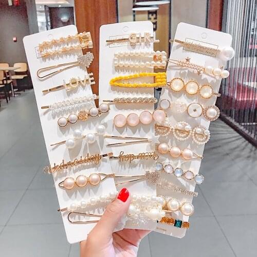 3/4/5PCS/Set Women Elegant Colorful Pearls Geometric Metal Hair Clips Sweet Headband Barrettes Hairpins Fashion Hair Accessories