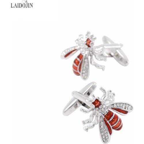 LAIDOJIN 3D Bees model Cufflinks for Mens Shirt Cuff Accessories Crystal Animal Red Enamel Cufflink Fashion Brand Jewelry Design