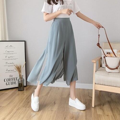 Women Summer Chiffon Fake Two Nine Point Pants Elastic Waist Solid Color Streetwear Comfort High Waist Plus Size Trousers