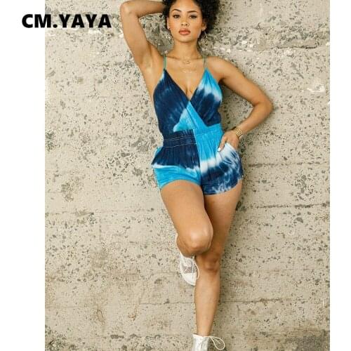 CM.YAYA Women Playsuit Print Sleeveless Strap Backless V-neck Playsuits Sexy Fashion Rompers One Piece Overalls Summer Outfits