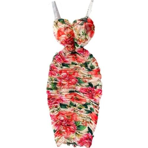 2021 Summer Ruched Stretch Women Spaghetti Strap Sheath Dress Strapless Backless Rose Floral Print Party Dress vintage Vestidos