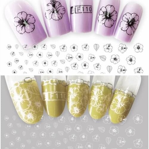 1 Sheet 3D Black White Floral Leaf Line Drawing Pattern Adhesive Nail Art Stickers Decorations DIY Salon Tips F110