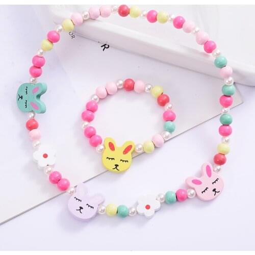 3Pcs Cute Cartoon Wooden Flower Animal Child Sweater Necklace Bracelet Girls Christmas Gifts Children Jewelry Accessories