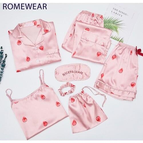 Sexy 7Pcs Pajamas Sets Faux Silk Stain Cute Pattern Pyjama Spring Summer Autumn Sling Shorts Long Sleeve Sleepwear Homewear