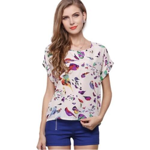 AECU 2021 Woman Big Yards Coat Birds Printed t-Shirts With Short Sleeves Chiffon Unlined Upper Garment