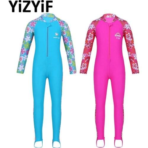 Girls One-piece Long Sleeve Swimsuit Flower Printed Zipper Up Rash Guard Swimsuit Swimwear Bathing Suit for children Sun suit