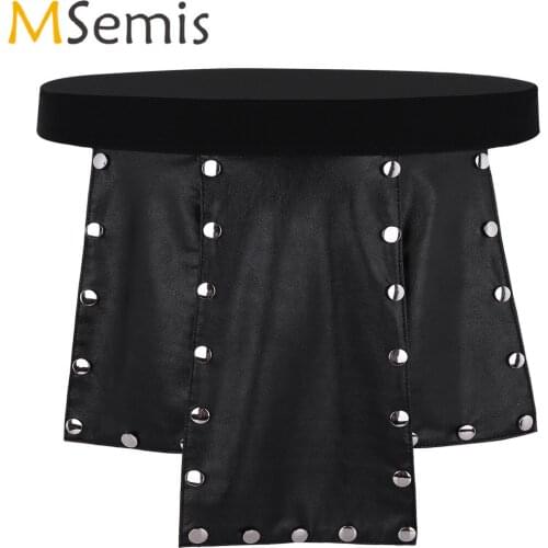Black Mens Lingerie Crotchless Underwear Novelty 6 Panel Faux Leather Low Rise Open Crotch Metal Studded Kilt Underwear Skirt