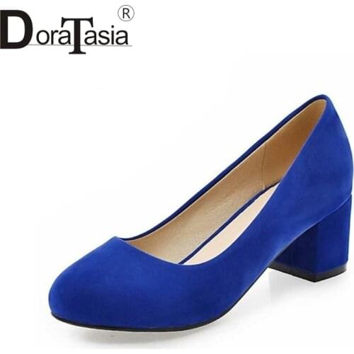 DoraTasia Plus Size 32-43 Lady Women Pumps Fashion Square Heel OL Shoes Woman Casual Dress Flock Upper Round Toe Platform Pumps