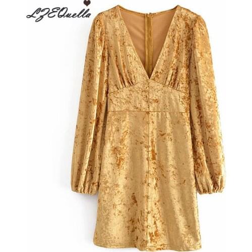 LZEQuella 2021 Sexy Deep V Autumn Dress Long Sleeve Velvet Yellow Mini Dresses Fashion Party Club Dresses Vestidos NZ3803