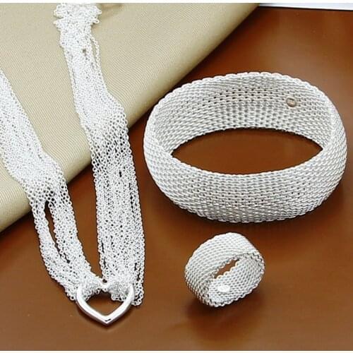Hot Sale Fashion 925 Silver Jewelry Sets Multi-Line Heart Necklace Bangles Rings Set For Women Jewelry Bijoux Femme