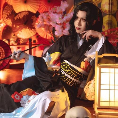 Japanese Anime Demon Slayer Kimetsu no Yaiba Kibutsuji Muzan Cosplay Costume Black Kimono Suits Fancy Halloween Carnival Unforms