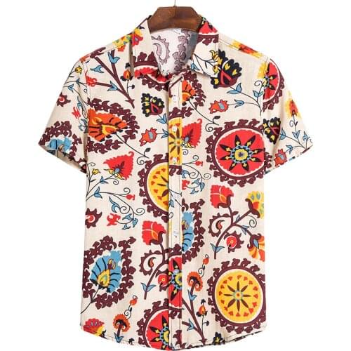 Summer Men Shirt Linen Ethnic Vintage Short Sleeve Lapel Button Leisure Hawaiian Shirts Men Streetwear Blouse Camisa Masculina