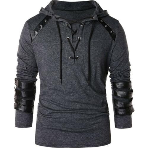 2021 Hot Mens Gothic Lace Up Neck Hooded Long Sleeve T Shirt Top Blouse Sweatshirt