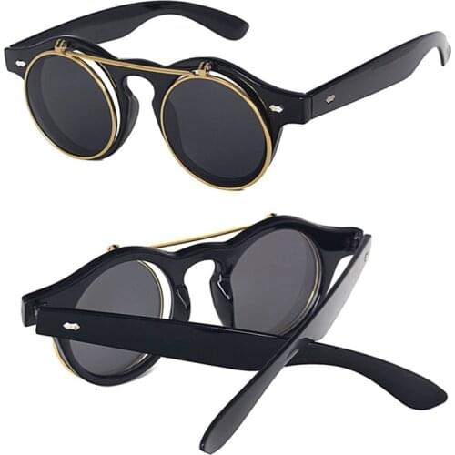 Fashion Vintage Round SteamPunk Flip Up Sunglasses Classic Double Layer Clamshell Design Sun Glasses Oculos De Sol