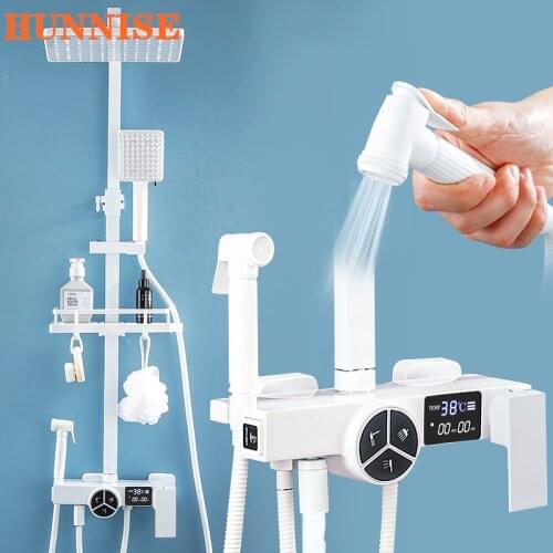 Hot Cold White Digital Bathroom Shower Set Luxury Sanitary Ware Brass Bathroom Mixer Faucets Thermostatic Bath Shower System Set