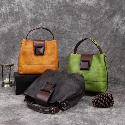 2021 New Womens Product Retro High Quality Genuine Leather Bucket Bag Women Handbag Handmade Brown Shoulder Crossbody Bags