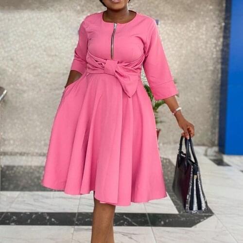 Autumn Womens Orange High Waist O-Neck Dress Bow A-Line Midi Dress Retro Holiday Gorgeous Style