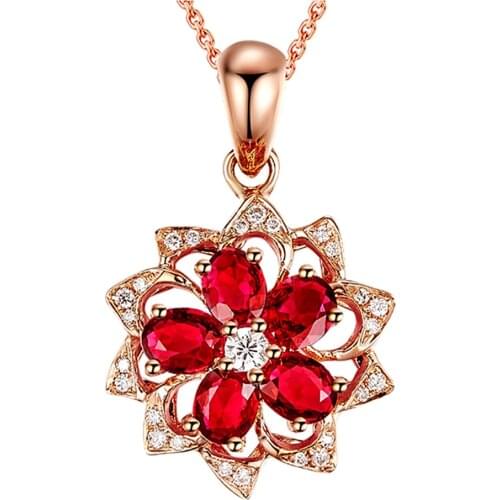 NEW RUBY GEMSTONES RED CRYSTAL PENDANT NECKLACES FOR WOMEN LUXURY DIAMONDS 18K ROSE GOLD TONE CHOKER JEWELRY FLOWER BIJOUX BAGUE
