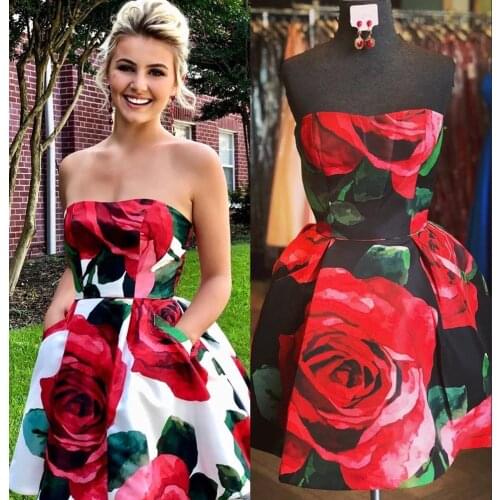 Floral Print Roses Homecoming Dresses 2019 Short/Mini Ball Gown vestido de formatura with Pockets Cute Graduation Dress