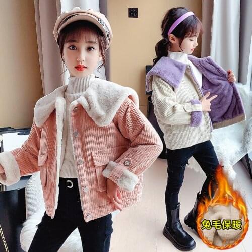 HOT Girls' winter jacket thickened winter parka 4-13 years old Large pocket stitching baby Corduroy large lapel cotton jacket