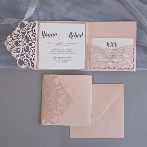 50pc Pink Laser Cut Wedding Invitation Personalize Insert with Silver Glittery Backing and RSVP Card For Birthday Bridal Shower