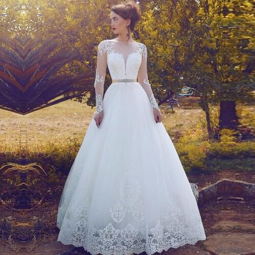 Long Sleeve Wedding Dress Appliques Lace Bridal Gowns Sashes Wedding Dresses Custom Made Sashes Vestido De Novia
