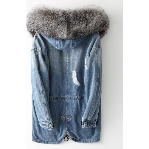 Coat 2020 Real Fox Women Parkas Mujer Fall Winter Denim Fur Jackets Streetwear Long Parka Manteau Femme Hiver KJ1009