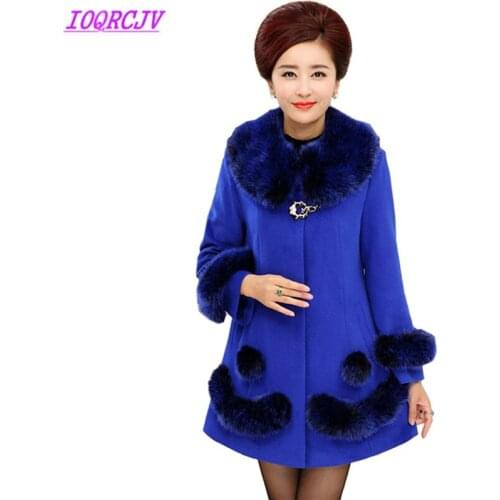 Plus size 5XL Women Autumn Winter Woolen Jacket New Fashion Faux fox fur collar Slim Woolen Outerwear Medium length IOQRCJV Q074