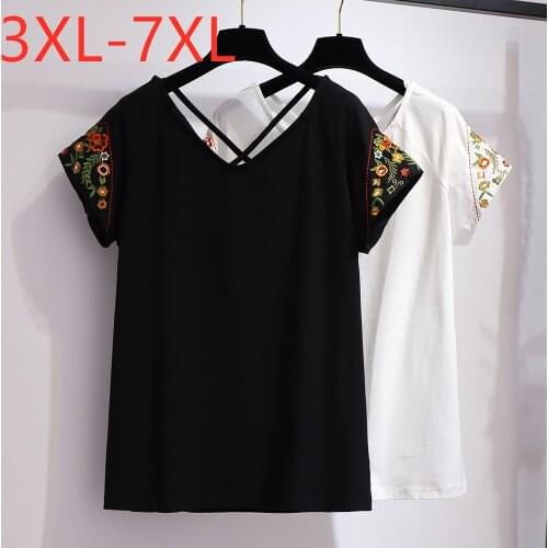 New 2021 summer plus size tops for women large loose short sleeve black white cotton V neck embroidery T-shirt 4XL 5XL 6XL 7XL
