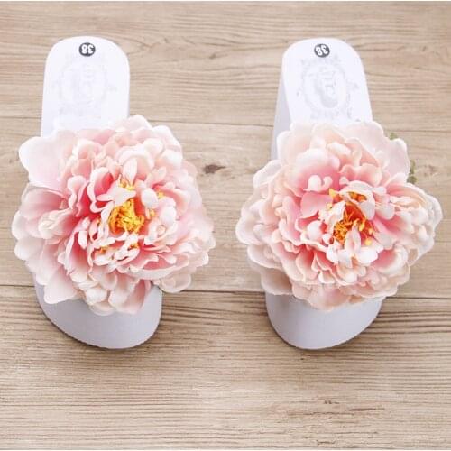 2018 Summer Handmade Large Peony Flower Casual Flip Flops Slippers Online 11cm Women High Heel Wedge Beach Shoes