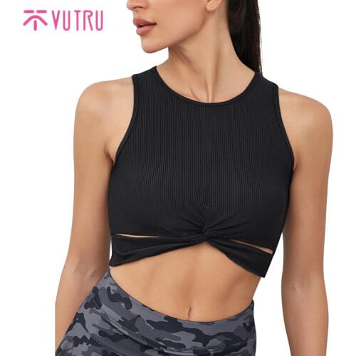 VUTRU Women High Neck Cropped Tank Tops Twist Front Sports Workout Ribbed Sleeveless Top High Elastic Nylon Yoga Vest Bra Tops