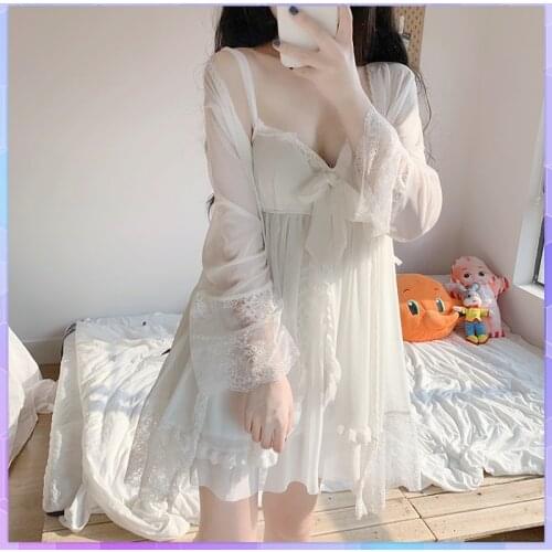 Robes Women Kimono Sleepwear Two-Piece Dresses Robe Suit Lace Sexy Pajamas Set Ladies Mesh Gauze Nightdress Nightgown Sets