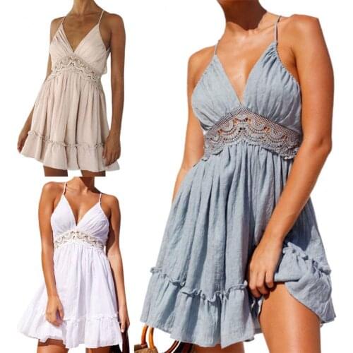 Women Fashion Sexy Strappy V-neck Dress Ruffle Hem Lace Backless Halter Mini Dress Sundress Travel Party Dating